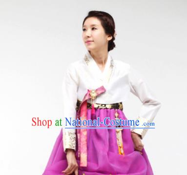 Korean Traditional Bride Mother Hanbok White Blouse and Purple Dress Garment Asian Korea Fashion Costume for Women