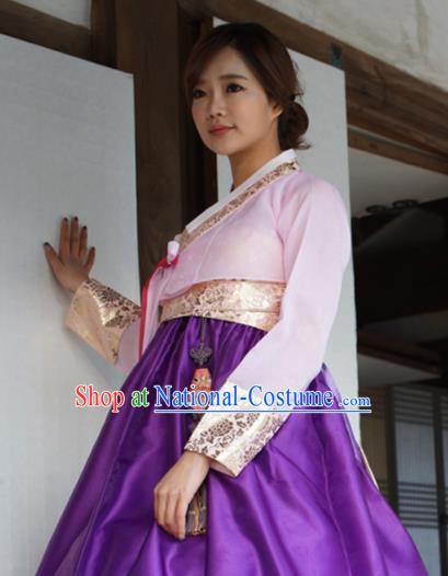 Korean Traditional Bride Mother Hanbok Pink Blouse and Purple Dress Garment Asian Korea Fashion Costume for Women