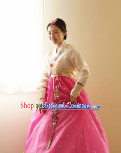 Korean Traditional Bride Hanbok White Blouse and Pink Dress Garment Asian Korea Fashion Costume for Women