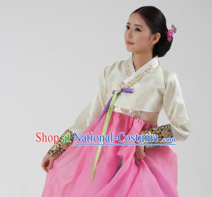 Korean Traditional Bride Hanbok White Blouse and Pink Dress Garment Asian Korea Fashion Costume for Women