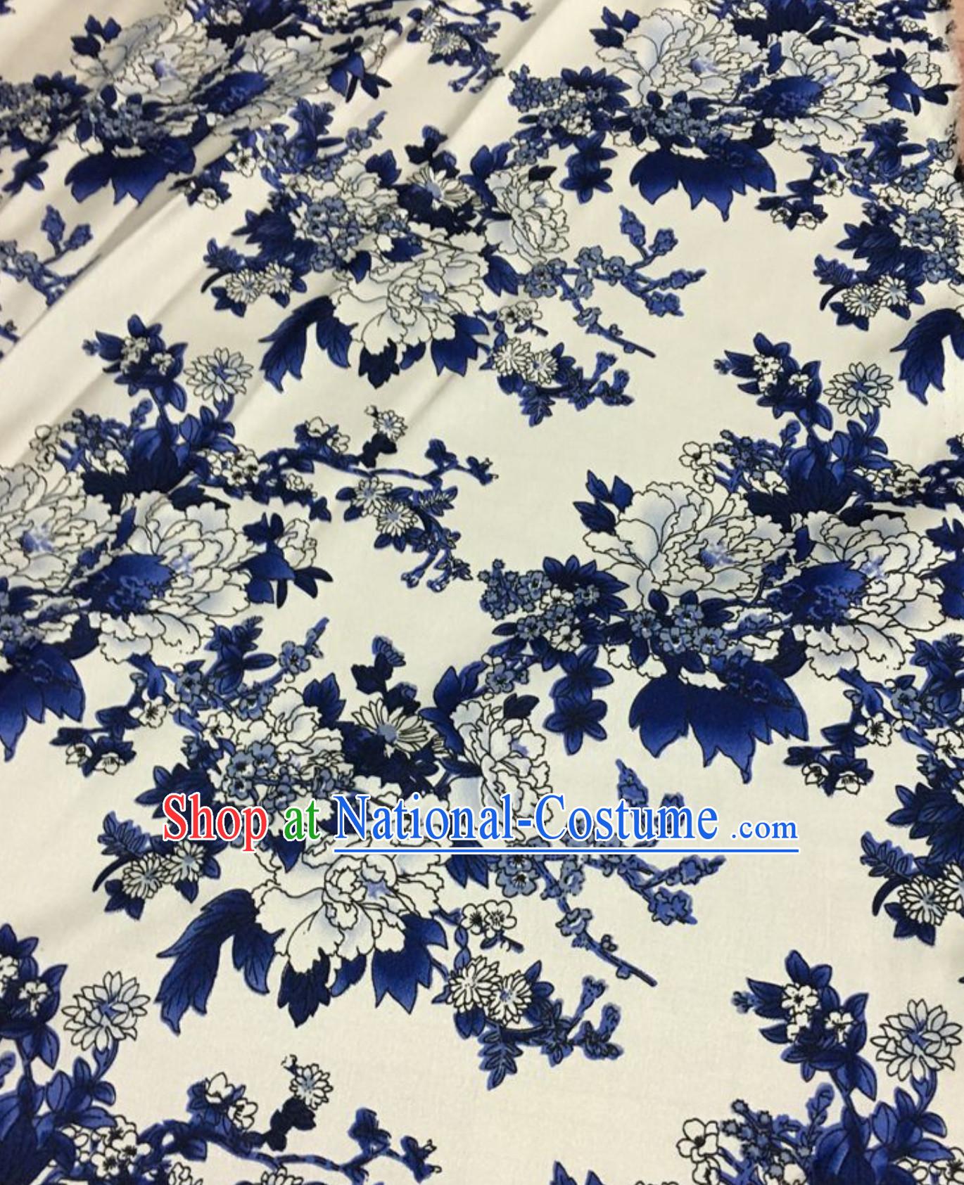 Traditional Asian Chinese Handmade Embroidery Blue and White Porcelain Silk Satin Tang Suit Fabric, Nanjing Brocade Ancient Costume Hanfu Cheongsam Cloth Material