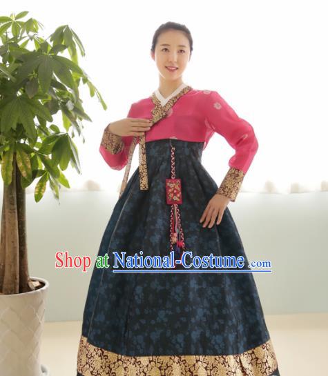 Korean Traditional Bride Hanbok Rosy Blouse and Navy Dress Garment Asian Korea Fashion Costume for Women