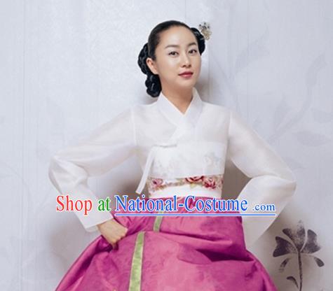 Korean Traditional Bride Hanbok White Blouse and Rosy Dress Garment Asian Korea Fashion Costume for Women