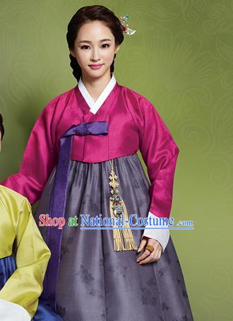 Korean Traditional Bride Mother Hanbok Rosy Blouse and Grey Dress Garment Asian Korea Fashion Costume for Women