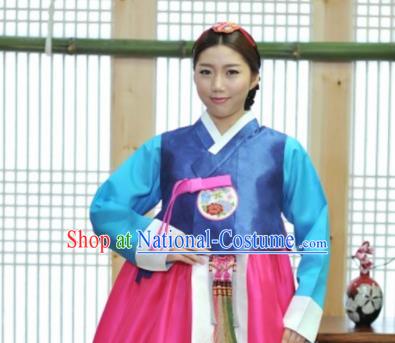 Korean Traditional Bride Mother Hanbok Navy Blouse and Rosy Dress Garment Asian Korea Fashion Costume for Women