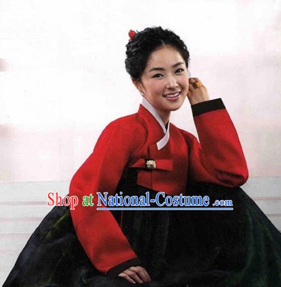 Korean Traditional Bride Hanbok Red Blouse and Black Dress Garment Asian Korea Fashion Costume for Women