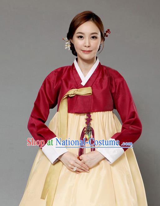 Korean Traditional Bride Hanbok Wine Red Blouse and Yellow Dress Garment Asian Korea Fashion Costume for Women