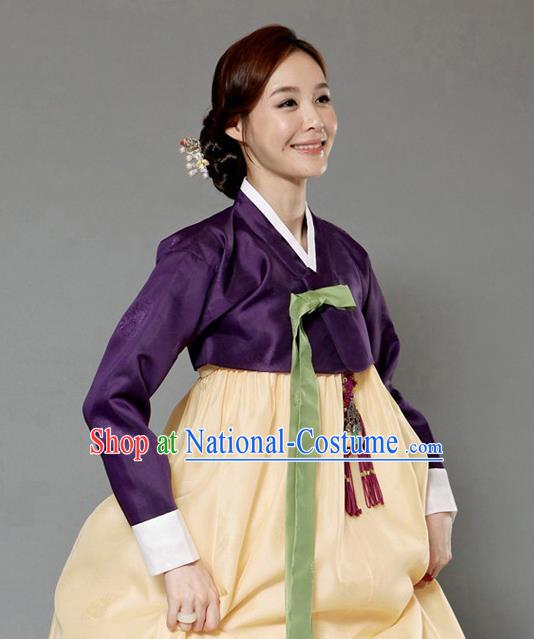 Korean Traditional Bride Hanbok Deep Purple Blouse and Yellow Dress Garment Asian Korea Fashion Costume for Women