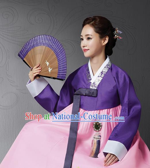 Korean Traditional Bride Hanbok Deep Purple Blouse and Pink Dress Garment Asian Korea Fashion Costume for Women