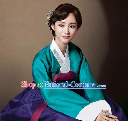 Korean Traditional Bride Court Hanbok Deep Green Blouse and Purple Dress Garment Asian Korea Fashion Costume for Women