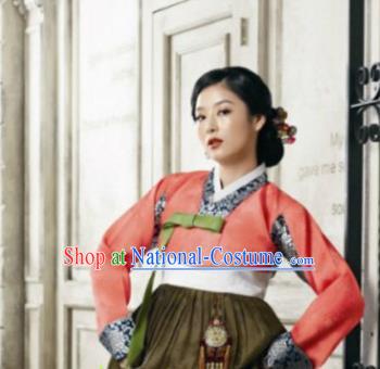 Korean Traditional Hanbok Garment Blouse and Olive Green Dress Asian Korea Fashion Costume for Women