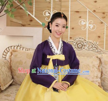 Korean Traditional Hanbok Garment Purple Blouse and Yellow Dress Asian Korea Fashion Costume for Women