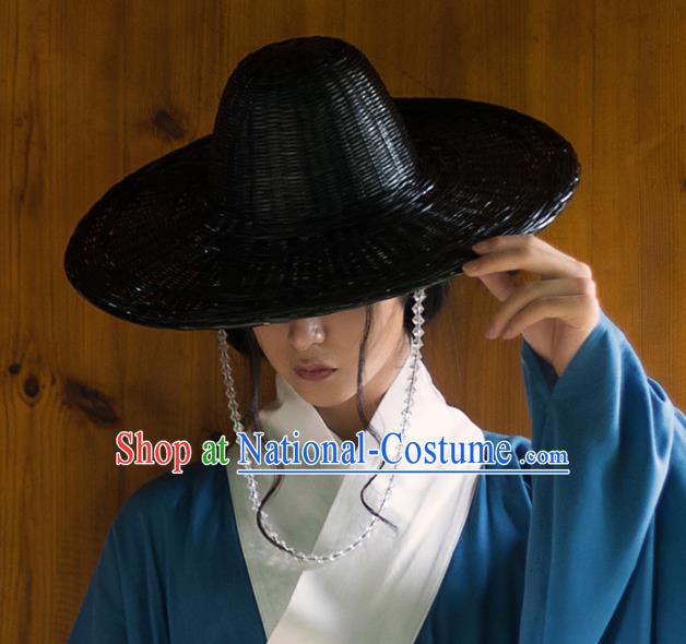 Chinese Traditional Ming Dynasty Swordsman Black Bamboo Hat Ancient Imperial Bodyguard Headdress for Men