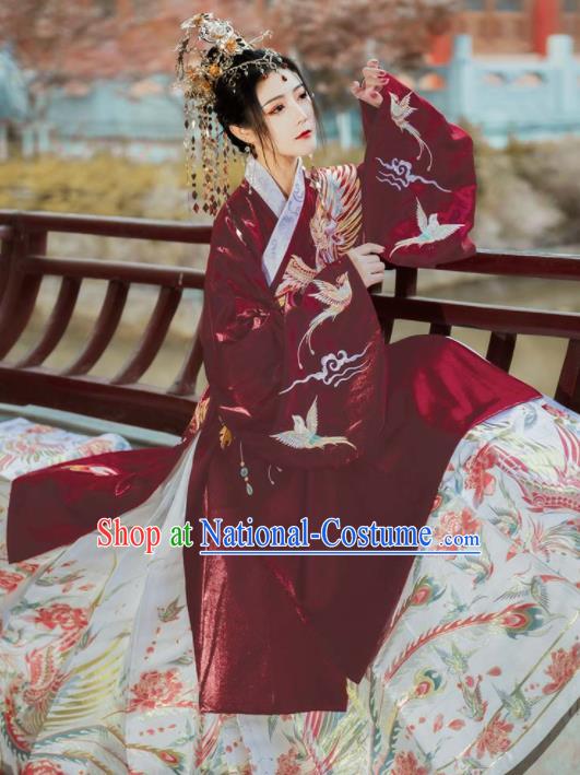 Chinese Traditional Ming Dynasty Princess Wedding Red Coat and White Skirt Ancient Imperial Concubine Embroidered Costumes for Women