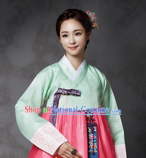 Korean Traditional Bride Court Hanbok Green Satin Blouse and Pink Dress Garment Asian Korea Fashion Costume for Women