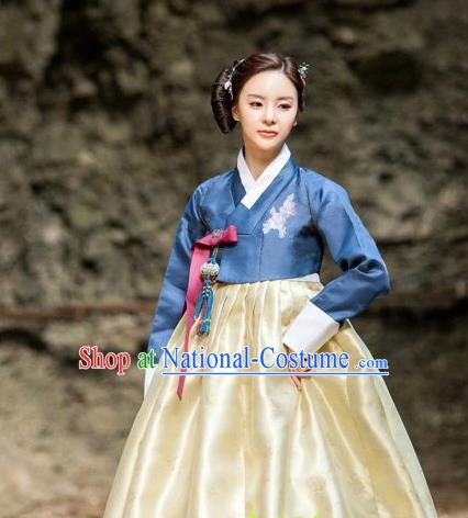 Korean Traditional Bride Court Hanbok Navy Satin Blouse and Yellow Dress Garment Asian Korea Fashion Costume for Women