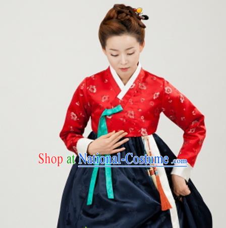 Korean Traditional Bride Court Hanbok Red Satin Blouse and Navy Dress Garment Asian Korea Fashion Costume for Women