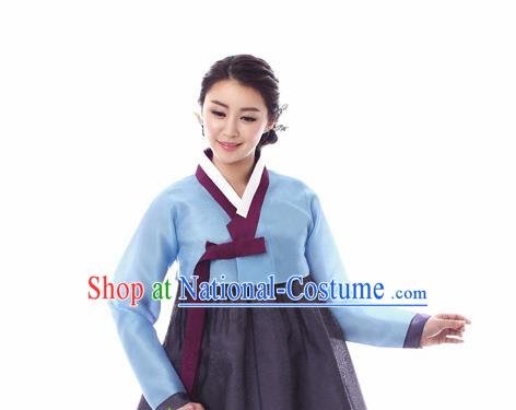 Korean Traditional Bride Court Hanbok Blue Blouse and Deep Grey Dress Garment Asian Korea Fashion Costume for Women