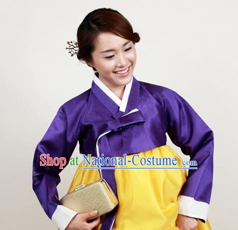 Korean Traditional Bride Mother Hanbok Purple Satin Blouse and Yellow Dress Garment Asian Korea Fashion Costume for Women