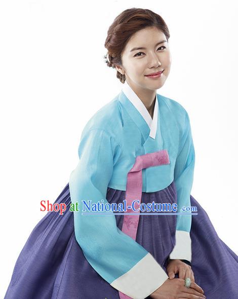 Korean Traditional Bride Mother Hanbok Blue Satin Blouse and Navy Dress Garment Asian Korea Fashion Costume for Women