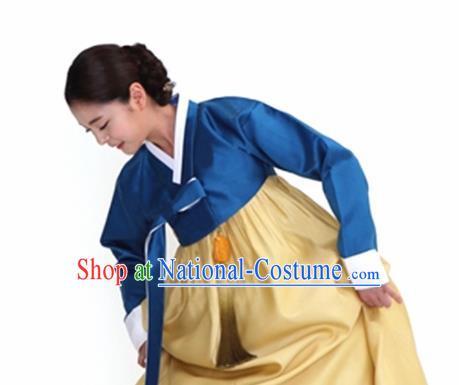 Korean Traditional Bride Mother Hanbok Navy Satin Blouse and Yellow Dress Garment Asian Korea Fashion Costume for Women