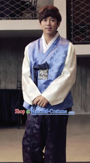 Korean Traditional Blue Vest and Purple Pants Hanbok Asian Korea Bridegroom Fashion Costume for Men