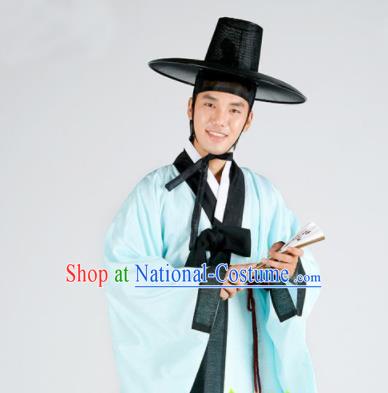 Korean Traditional Ancient Scholar Blue Robe and Pants Hanbok Asian Korea Bridegroom Fashion Costume for Men