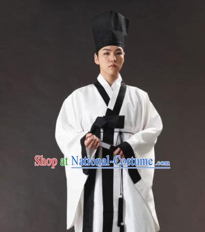 Korean Traditional Ancient Scholar White Robe and Pants Hanbok Asian Korea Bridegroom Fashion Costume for Men