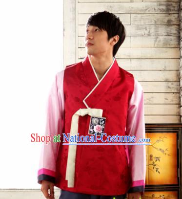 Korean Traditional Wedding Red Vest and Pants Hanbok Asian Korea Bridegroom Fashion Costume for Men