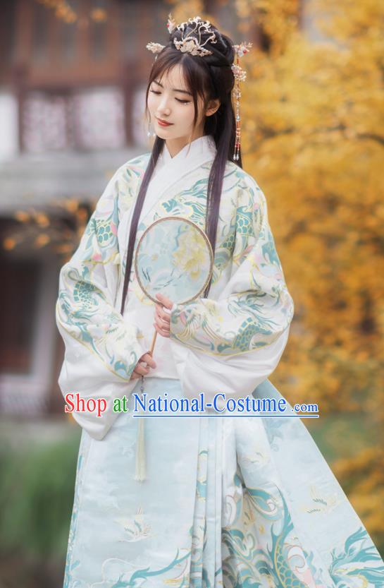 Chinese Traditional Hanfu White Brocade Blouse and Blue Skirt Ancient Ming Dynasty Court Princess Costumes for Women