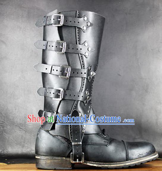 Western Middle Ages Black Leather Boots European Traditional Knight Shoes for Men