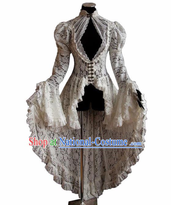 Western Halloween Middle Ages Drama White Lace Dress European Traditional Court Costume for Women