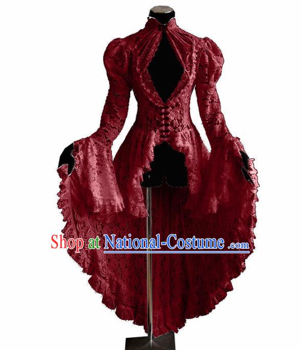 Western Halloween Middle Ages Drama Red Lace Dress European Traditional Court Costume for Women