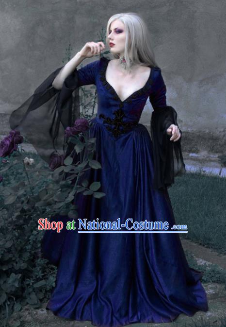 Western Halloween Cosplay Queen Blue Dress European Traditional Middle Ages Court Costume for Women