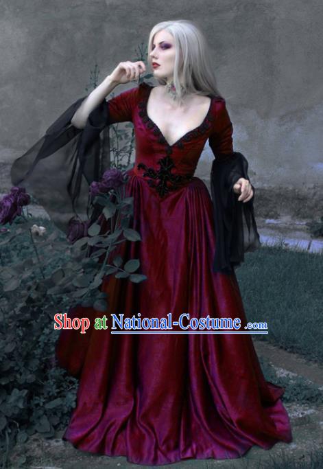 Western Halloween Cosplay Queen Wine Red Dress European Traditional Middle Ages Court Costume for Women