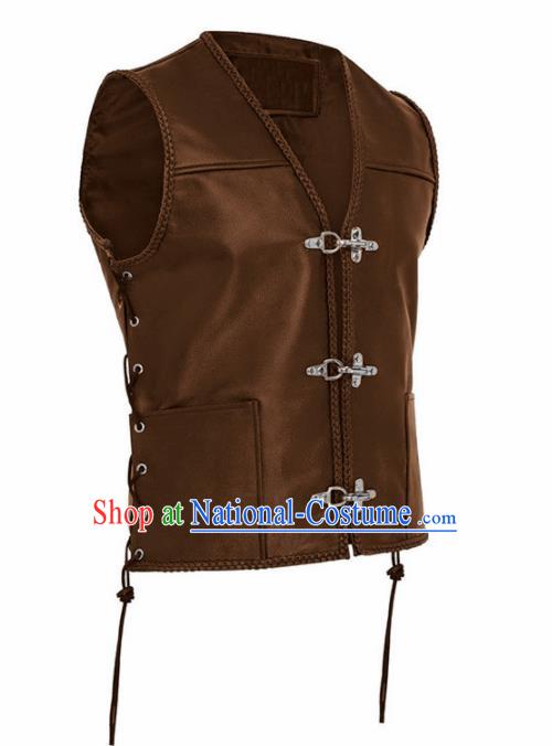 Western Middle Ages Drama Brown Leather Vest European Traditional Knight Costume for Men