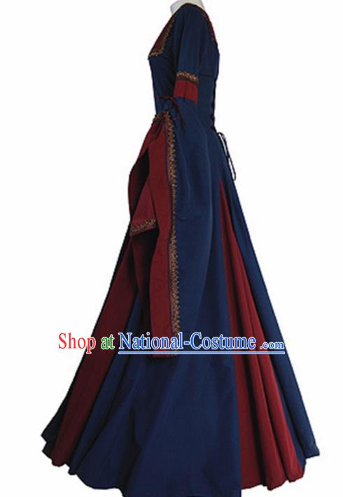 Western Halloween Renaissance Cosplay Queen Deep Blue Dress European Traditional Middle Ages Court Costume for Women