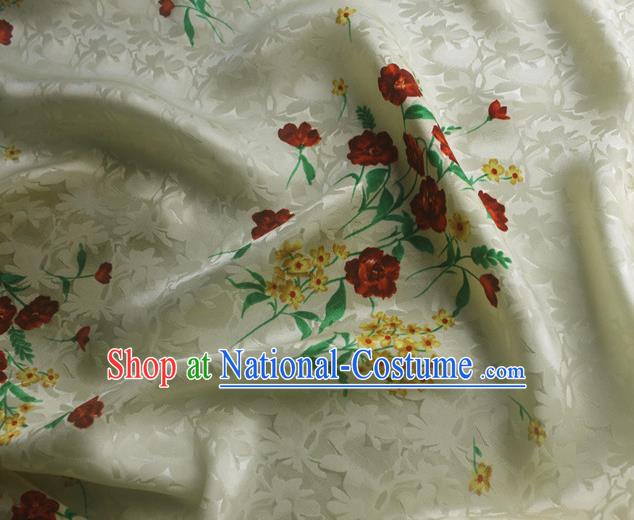 Asian Chinese Classical Printing Flowers Pattern Design Beige Silk Fabric Traditional Cheongsam Brocade Material