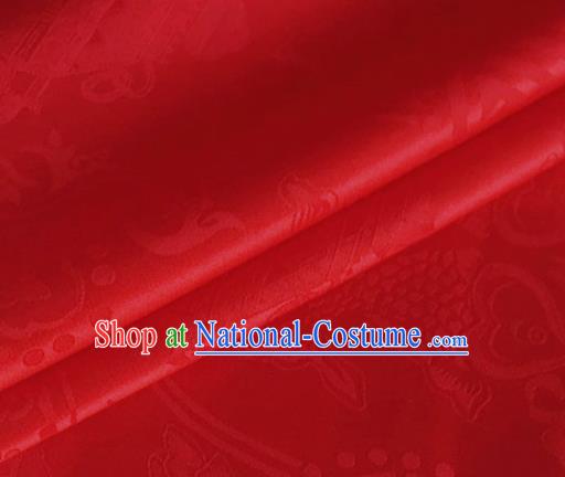 Asian Chinese Classical Double Fish Pattern Design Red Silk Fabric Traditional Cheongsam Material