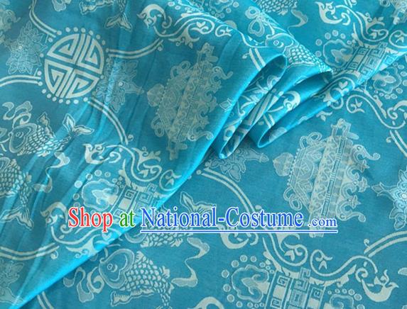 Asian Chinese Classical Double Fish Pattern Design Blue Silk Fabric Traditional Cheongsam Material