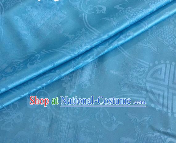 Asian Chinese Classical Double Fish Pattern Design Light Blue Silk Fabric Traditional Cheongsam Material