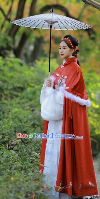 Chinese Traditional Hanfu Red Cloak Ancient Ming Dynasty Princess Costume for Women