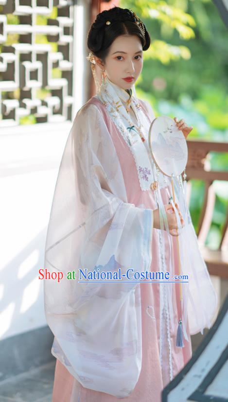 Chinese Traditional Hanfu Pink Long Vest Ancient Ming Dynasty Princess Costume for Women