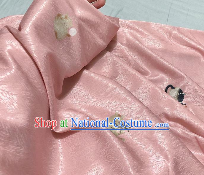 Asian Chinese Classical Cat Pattern Design Pink Silk Fabric Traditional Hanfu Brocade Material