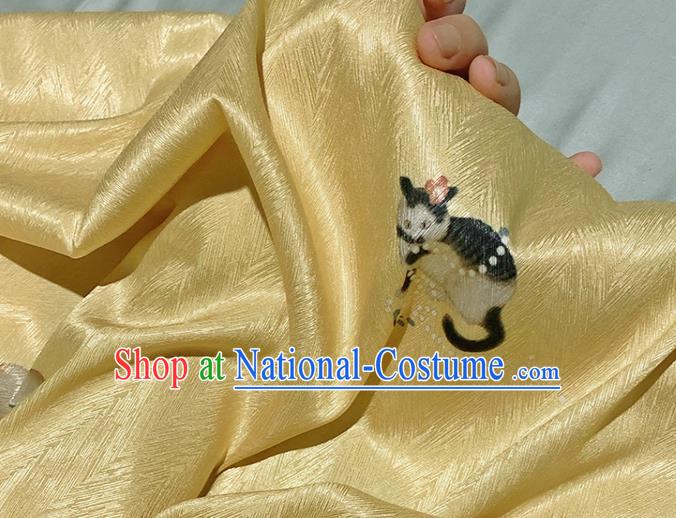 Asian Chinese Classical Cat Pattern Design Yellow Silk Fabric Traditional Hanfu Brocade Material