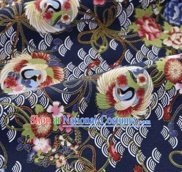 Asian Japanese Classical Swan Pattern Design Navy Silk Fabric Traditional Kimono Brocade Material