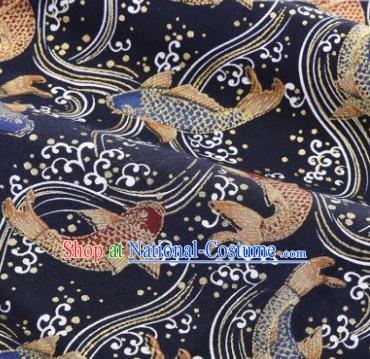 Asian Japanese Classical Fishes Pattern Design Navy Silk Fabric Traditional Kimono Brocade Material