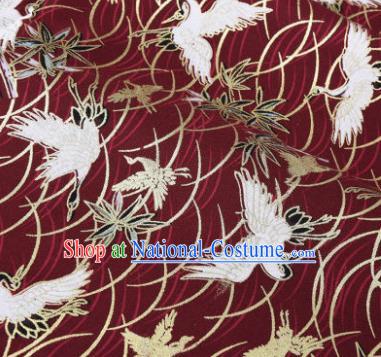 Asian Japanese Classical Crane Pattern Design Wine Red Silk Fabric Traditional Kimono Brocade Material