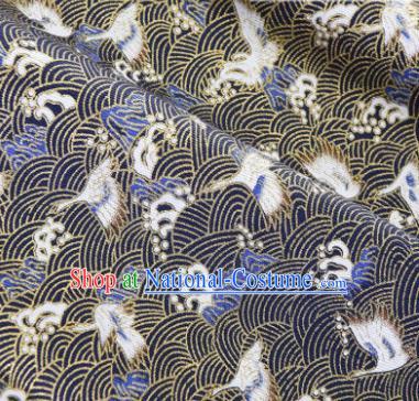 Asian Japanese Classical Wave Crane Pattern Design Navy Silk Fabric Traditional Kimono Brocade Material