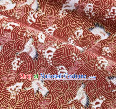 Asian Japanese Classical Wave Crane Pattern Design Red Silk Fabric Traditional Kimono Brocade Material